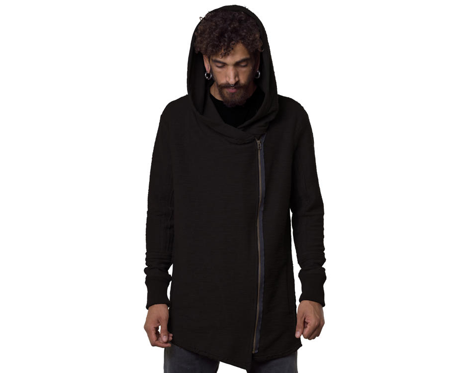 man stylish side zipper hooded jacket in black 